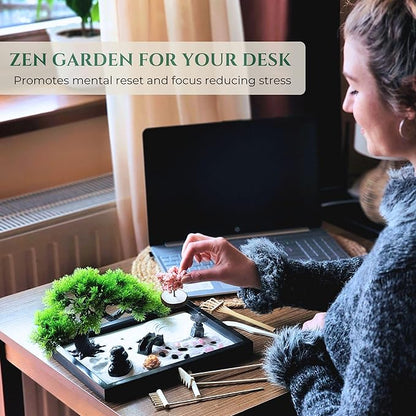Zen Garden for Desk – Mini Japanese Rock Garden with Crystals, Bonsai Tree & Sand Tools, 11x7.5in Stress Relief Desk Decor, Meditation & Relaxation Gift Set (Black)