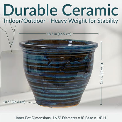 Sunnydaze Large Ceramic Plant Pot - Round Outdoor Glazed Ceramic Planter Pot with Drainage - Studio - Galaxy Blue - 18.5"