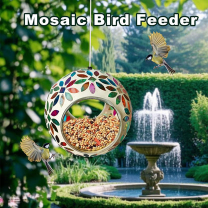 Mosaic Bird Feeder, Outside Hanging with Round Shape Glass BirdFeeders to Attract More Wild Birds, Mosaic Fly Through for Garden, Yard, Backyard, Deck and Porch Decor, Multicolor 7-Inch