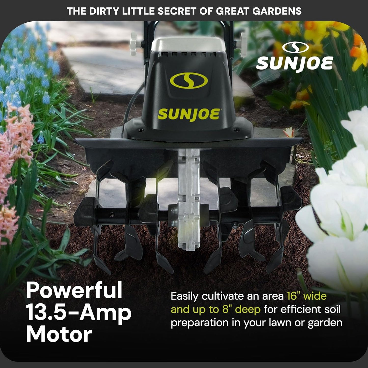 Sun Joe Electric Corded Garden Tiller & Cultivator, Steel Tines, 13.5 Amp, 16 Inch, Black - Heavy Duty Gardening Machine Equipment for Lawn, Yard, & Grass, TJ604E