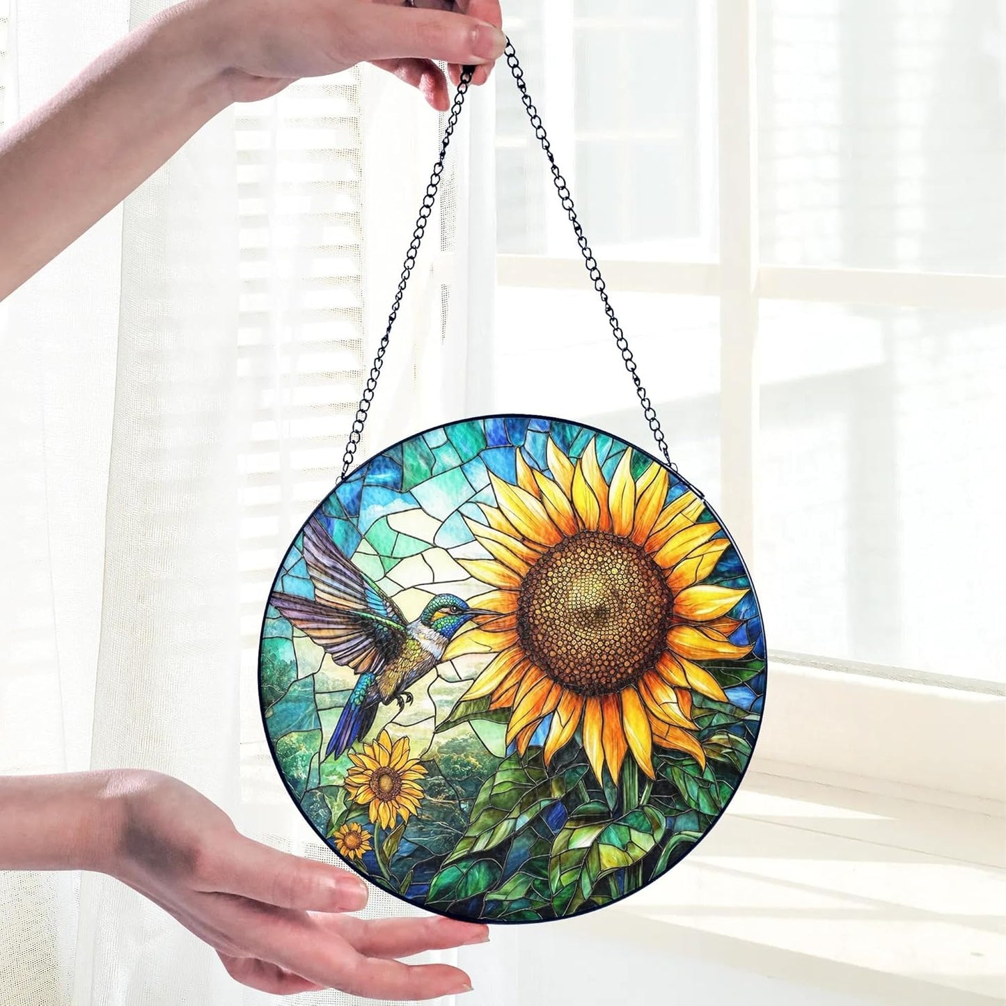 Hummingbird Stained Glass Suncatcher, Sunflower Window Hanging Stained Glass Suncatcher Hummingbird Window Hanging Garden Decor for Mom, Grandma, Birthday Gifts for Women Bird Lovers