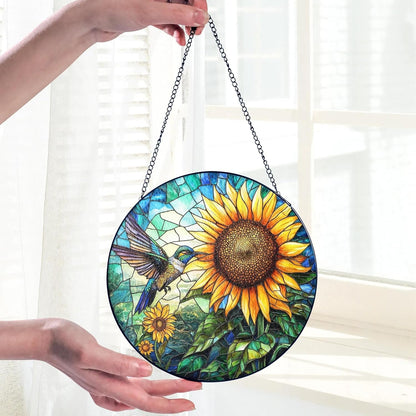 Hummingbird Stained Glass Suncatcher, Sunflower Window Hanging Stained Glass Suncatcher Hummingbird Window Hanging Garden Decor for Mom, Grandma, Birthday Gifts for Women Bird Lovers