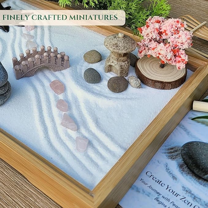 Zen Garden for Desk – Mini Japanese Rock Garden with Crystals, Bonsai Tree & Sand Tools,11x7.5in Stress Relief Desk Decor, Meditation & Relaxation Gift Set (Natural Bamboo)