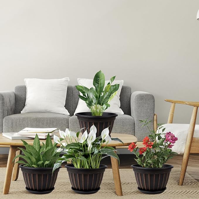 FGstyle 10 Inch Plants Pot,4 Pack Flower Pots,Planters Pot with Drainage Hole & Saucer,Modern Planters for Indoor Outdoor Plants,Decorative Resin Garden Pots for Outdoor Indoor Home Plants (Black)