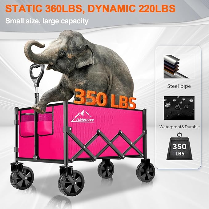 Collapsible Folding Wagon Cart, 350LBS Utility Large Capacity Cart Foldable Wagon with All Terrain Wheels, Grocery Wagons Carts for Garden Shopping Sports Camping, Rose