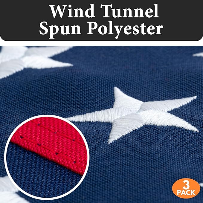 American Flags for Outside 3x5 (Pack of 3) Made in USA - USA Flag, Outdoor Heavy Duty American US Flag with Embroidered Stars and Sewn Stripes American Flags for High Wind- All Weather Flags