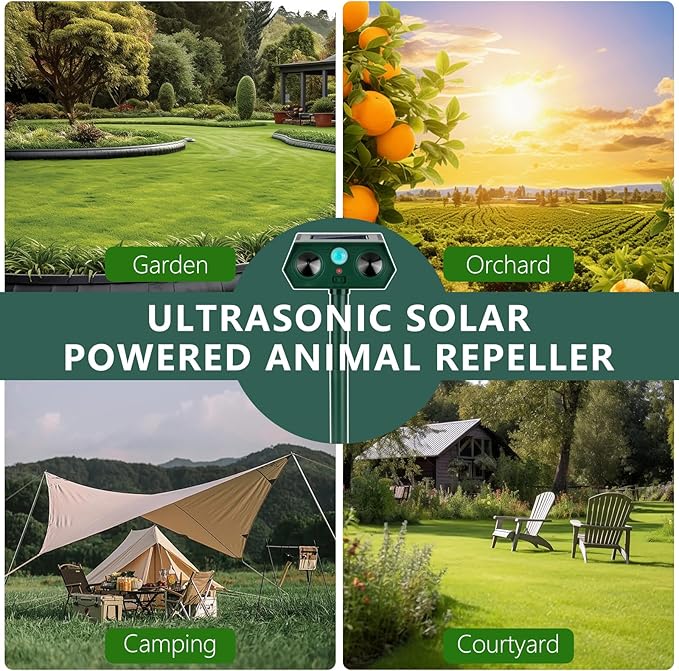 4 Pack 2025 Ultrasonic Animal Repellent Outdoor Cat Repellent Devices Solar Animal Repeller Motion Activated Deterrent to Scare Deer Squirrel Rabbit Raccoon Skunk for Yard Lawn Outdoor