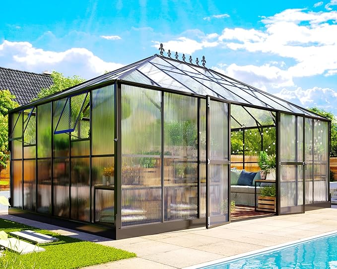 Jocisland 16x12x9.5 FT Polycarbonate Greenhouse- 6 FT Wall Height Outdoor Aluminum Greenhouses with 2 Ventilation and Rain Gutter, Double Doors with Hook, Walk-in Greenhouse for Backyard Garden