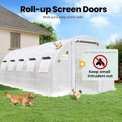 KING BIRD Premium 25x10x6.6FT Greenhouse for Outdoors, Large Walk-in Upgraded Galvanized Metal Frame, Mesh Door Screen Window Improved Zipper Tunnel Hoop for Garden Plant Winter, 2 Stiffeners, White