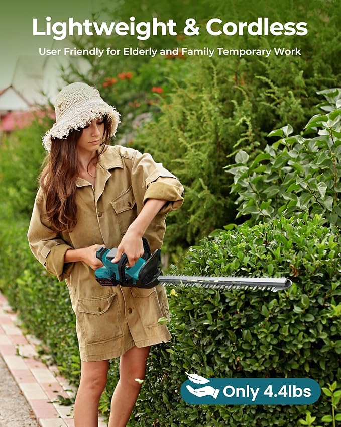 20'' Hedge Trimmer Cordless with 2pcs 4000mAh Battery, Electric Handheld Bush Clipper with Rechargeable Batteries, 3000RPM 180° Rotatable Head, 2/3'' Blade Gap