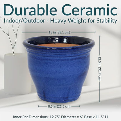 Sunnydaze Large Ceramic Plant Pot - Round Outdoor Glazed Ceramic Planter Pot with Drainage - Studio - Imperial Blue - 14.5"