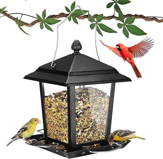 Veehoo Metal Bird Feeder for Outdoor Hanging-Wild Bird Feeder with 4 Perches, Guard Booth Bird Seed Feeder for Outside Garden Backyard Attracting Wild Birds Chickadees Cardinals Finches Black