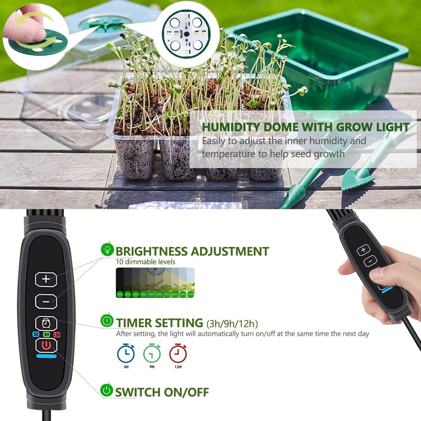 Seedling Starter Tray 6 Packs Seed Starter Tray with Grow Light, Smart Controller Seed Starting Trays Kit with Humidity Dome (72 Cells) Indoor Gardening Plant Germination Trays Green