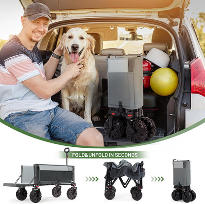 TIMBER RIDGE Beach Wagon with Tailgate, 300lbs Heavy Duty Collapsible Wagon with All-Terrain Big Brakes Wheels, Foldable Utility Cart for Sand Sports Shopping, Gray