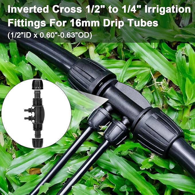 1/2 to 1/4 Drip Irrigation Fittings,20Pcs 4-Ways Barbed Tee 1/2 inch Drip Irrigation Tubing (1/2" ID x0.6-0.63" OD) 16mm to 1/4 inch Irrigation Tube Fitting Anti-Drop Barbed Connectors