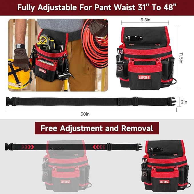 Tool Belt,Magnetic Tool Pouch,14-Pockets Tool Belts for Men,Detachable & Adjustable Tool Pouch Belt for Electrician,Carpenter,Construction,Work Apron,Utility Belt,Black-Red