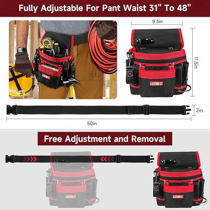 Tool Belt,Magnetic Tool Pouch,14-Pockets Tool Belts for Men,Detachable & Adjustable Tool Pouch Belt for Electrician,Carpenter,Construction,Work Apron,Utility Belt,Black-Red