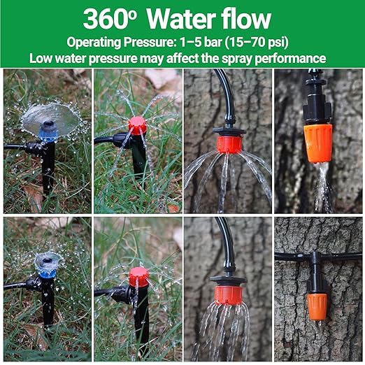 160 Pcs Adjustable Irrigation Emitters, Mister Nozzles, Drippers, Sprayers, Barbed Connectors, Irrigation Parts for 1/4" Tubing Garden Watering System (Tubing Not Included)