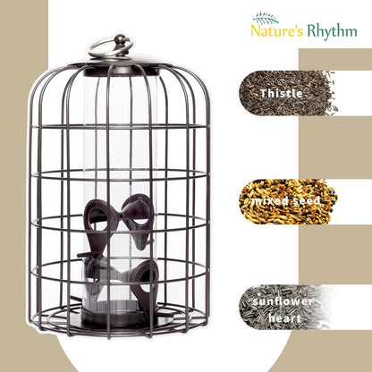 Nature's Rhythm Outdoor Hanging Bird Feeder Cage PC Tube Squirrel Proof Wild Bird Feeder with Large Metal Seed Guard Deterrent Green