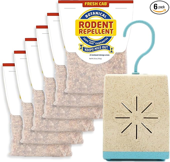 EarthKind Fresh Cab Rodent Repellent & Pouch Pod - Botanical Rodent & Mouse Repellent - Made with Plant Fibers & Essential Oils - Pest Repellent - 6-Pack Plus 1 Pouch Pod