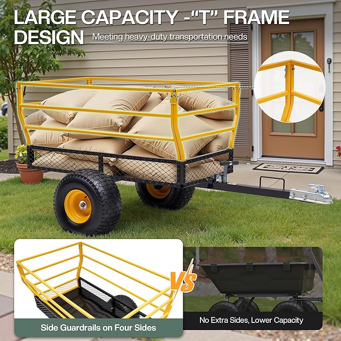 Jocisland Heavy Duty Garden Utility Trailer, 1800 Lbs 25 Cu.Ft Tow Behind Dump Cart with Ball Hitch and T-Shaped Steel Bed, Lawn Mower Tractor Cart for Yard, Farm