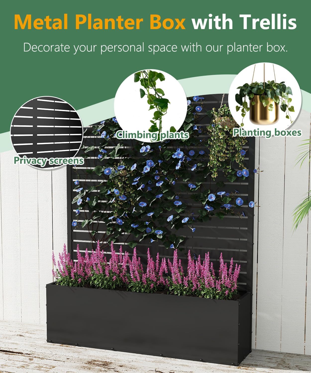 Metal Planter Box with Trellis,70.9"x47.2"x15.7" Raised Garden Bed with Drainage Holes, Privacy Planters for Outdoor Garden Bed for Climbing Plants,Vegetables,and Vines, Black-louvered