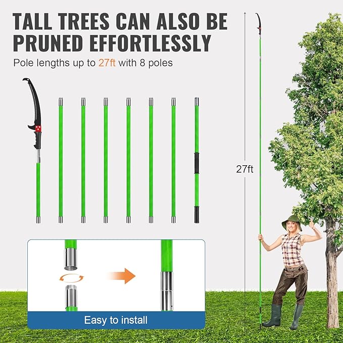Manual Pole Saw 27ft Extendable Tree Pruner Manual Branches Trimmer Tree Branch Garden Tools Loppers Hand Pole Saws with Lightweight 8 Fiberglass Handles, for Pruning Palms and Shrubs