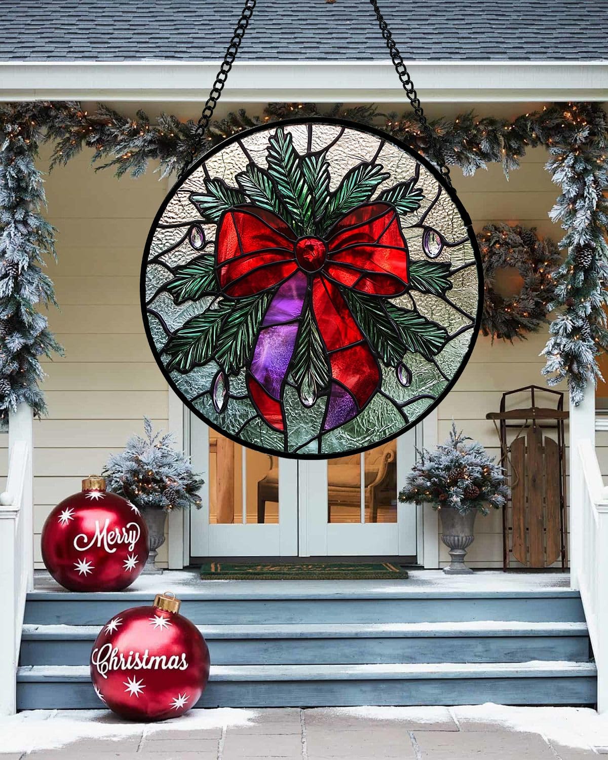 Stained Glass Window Hanging - Purple Gem Christmas Wreath Suncatcher for Doors Home Christmas Decoration Winter Sun Catcher Thanksgiving New Year Birthday Gifts for Women Men Mom Nana 15 in