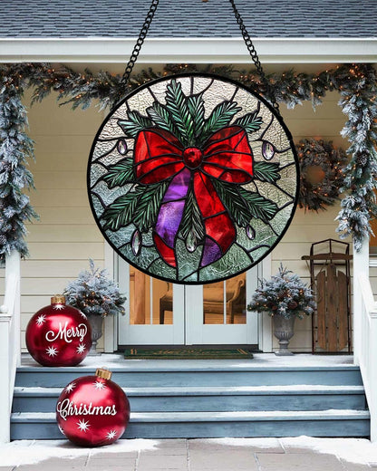 Stained Glass Window Hanging - Purple Gem Christmas Wreath Suncatcher for Doors Home Christmas Decoration Winter Sun Catcher Thanksgiving New Year Birthday Gifts for Women Men Mom Nana 15 in