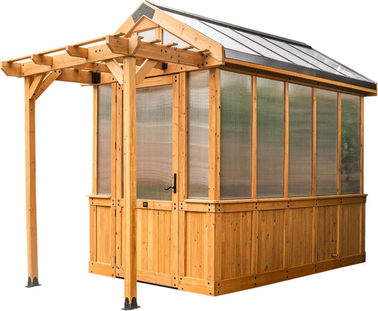 Backyard Discovery Bellerose 9' x 6' Cedar Wood and Polycarbonate Walk-in Greenhouse Kit with Pergola, Exhaust Fan, Windows, Hose Hook-Ups, PowerPort, Staging Shelves for Year-Round Outdoor Gardening