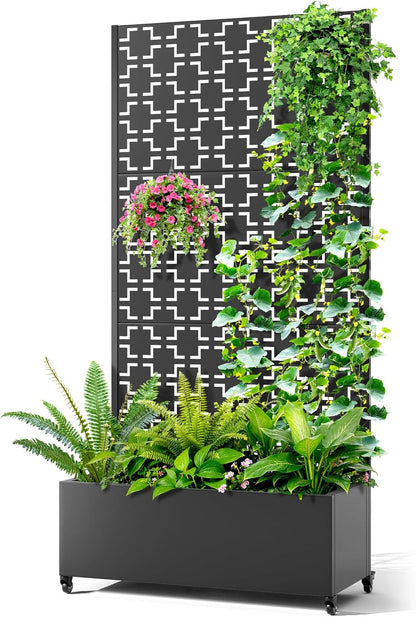 Metal Raised Garden Bed with Trellis, 2-in-1 Planter Box & Privacy Screen for Climbing Plants, Outdoor Standing Flower Bed with Drainage Holes, 35.4" L x 15.7" W x 70.1" H, Black-Square