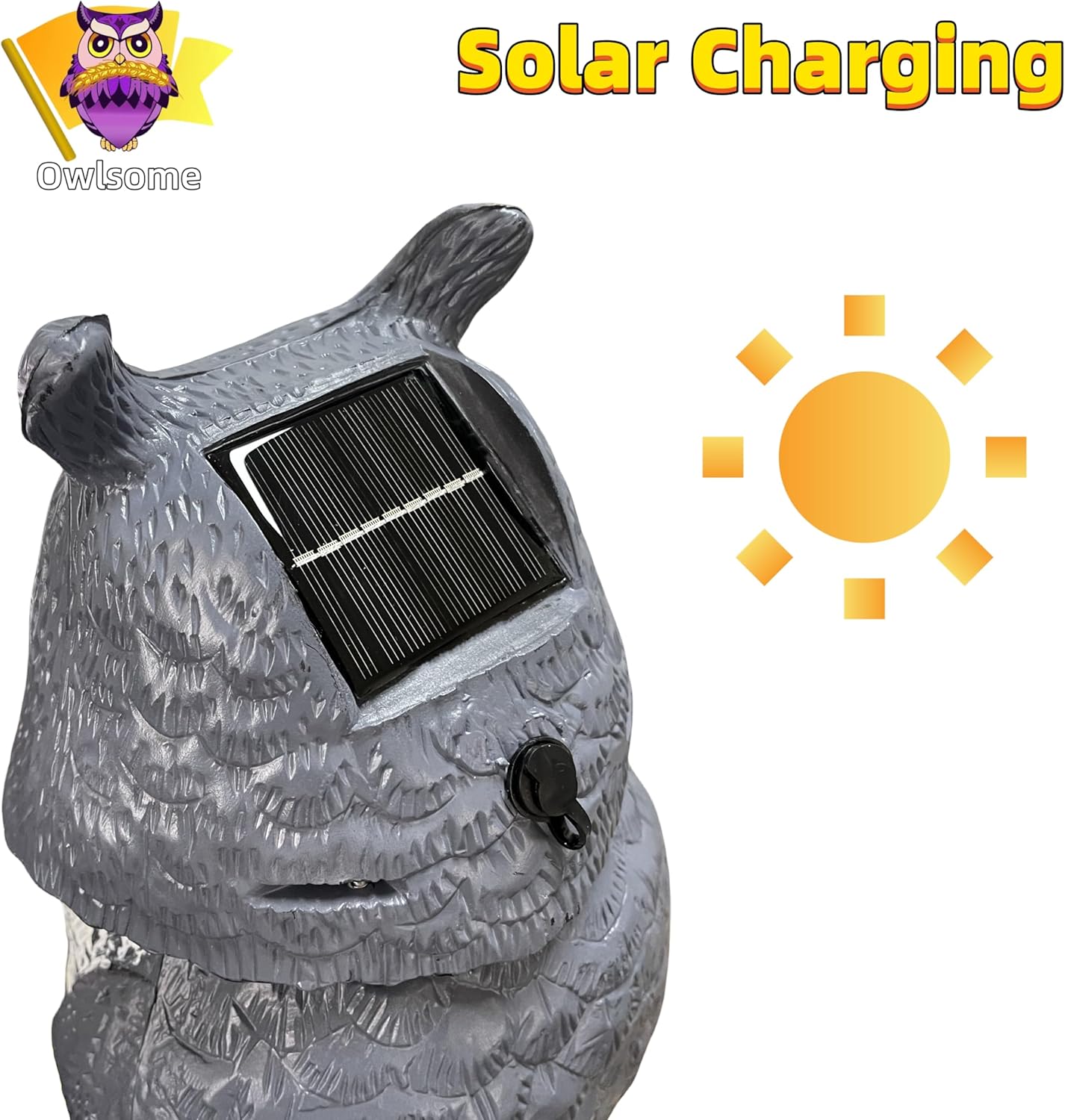 Owlsome Solar Owl with Colored Flashing Eyes, Rotating Head, Hoot Sound, Motion Detector and Silent Mode, Plastic Owl Garden Sculpture, Garden Decoration