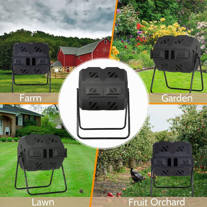 Outdoor Dual Chamber Tumbling Composter - 43 Gallon Compost Tumbling Bin,360° Compost Tumbler Bucket Trash Can,Composter BPA Free Dual Chamber Composting Rotating for Garden Yard (Black)