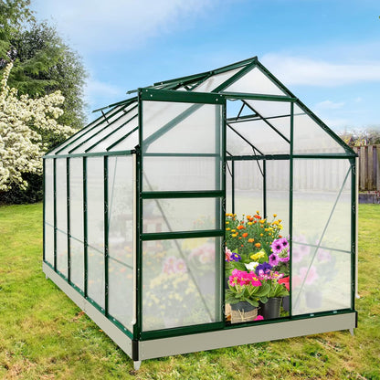EAGLE PEAK 10x6x7 Outdoor Walk-in Hobby Greenhouse with Adjustable Roof Vent, Rain Gutter, Base and Anchor, Polycarbonate Aluminum Green House for Backyard Garden, Dark Green