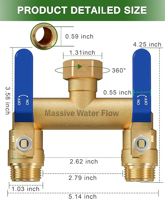 Hose Splitter 2 Way Heavy Duty, Full Flow Garden Hose Splitter with 2 Long Metal Handles, Brass Rust and Freeze Resistant Water Hose Bib Splitter, T Adapter Connector with 3/4 - Inch GHT Thread（Blue）