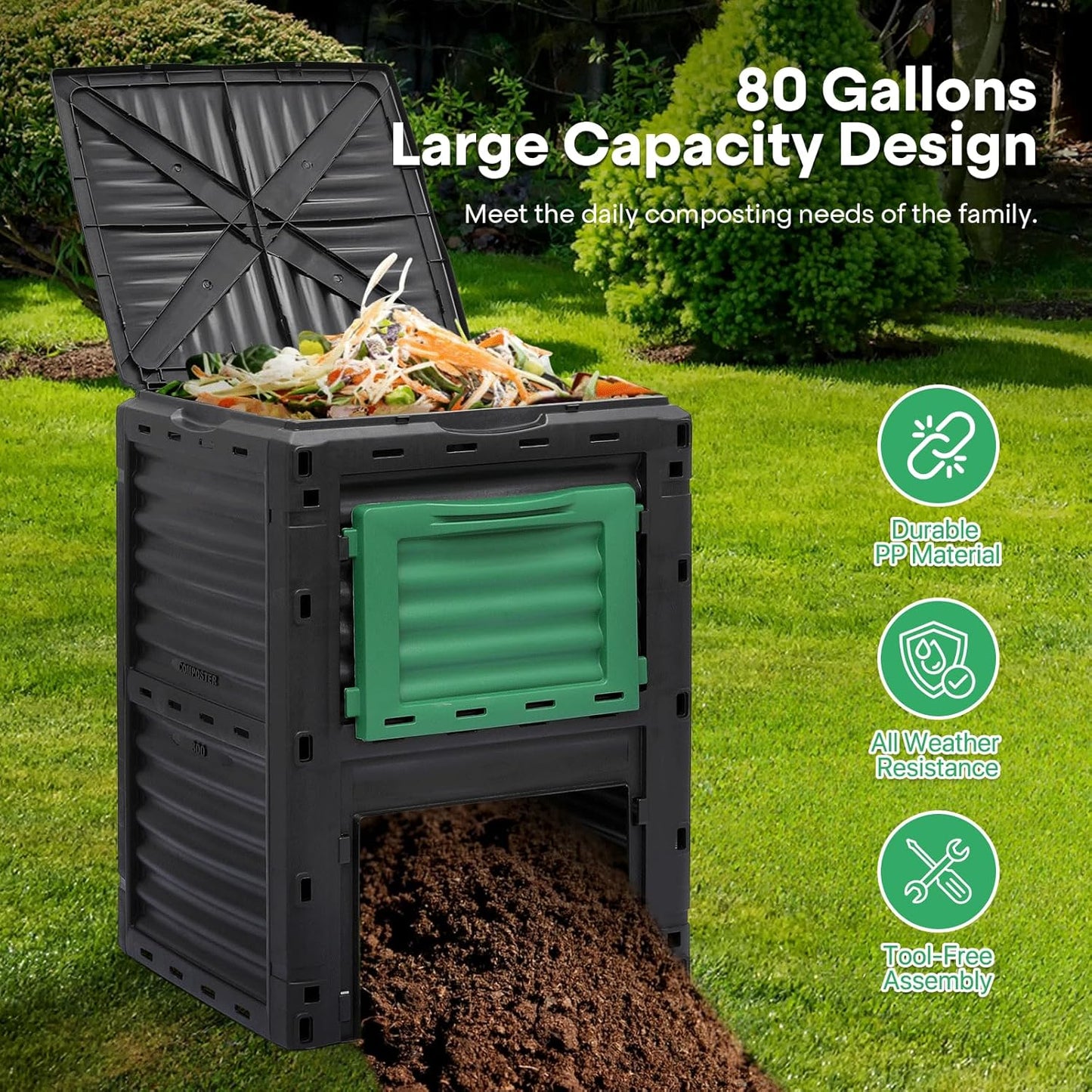 Athena Collection Compost Bin, 80 Gallon (300L) Large Outdoor Composter with Snap-On Lid & Aeration Vents, Easy to Assemble, Durable Outdoor composting Bins for Garden, Yard and Outdoor Use