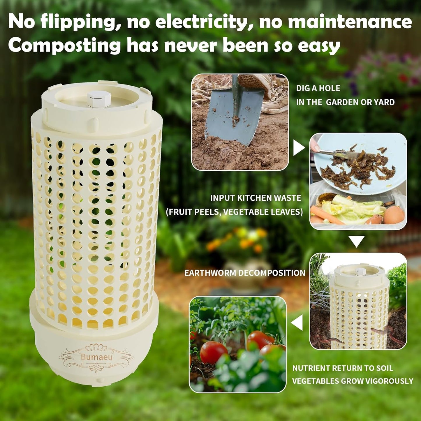 Underground Worm Farm, Garden Mini vermicomposting bin for use in Outdoor Gardening from Kitchen Food Waste, with Holes and lid, White (11.81x4.3x4.3IN)