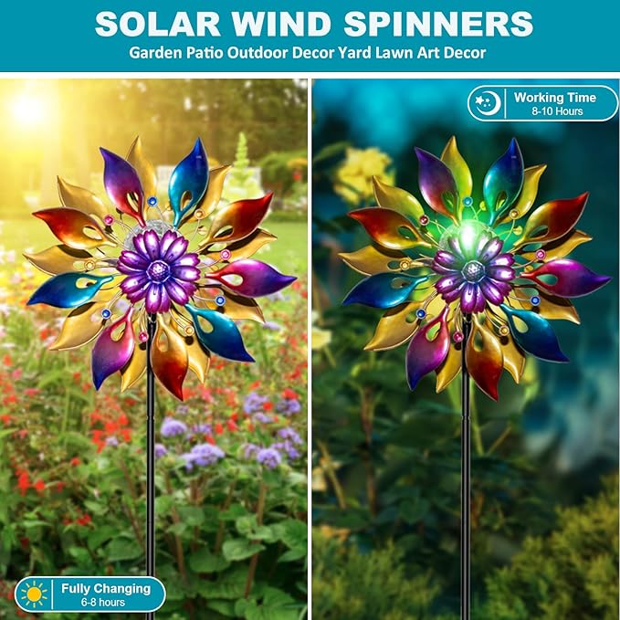 360° Wind Spinners Outdoor with Solar Lights Colored Petals Garden Decor Yard Lawn Art Decor for Patio Kinetic Flower Windmills Unique Gifts for Friends and Family 60.63'' H x 13.38'' Dia