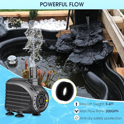 NFESOLAR Submersible Water Pump 200GPH, Ultra Quiet Submersible Pump with Dry Burning Protection 5.4ft High Lift for Fountains, Waterfall, Hydroponics, Aquariums KF203