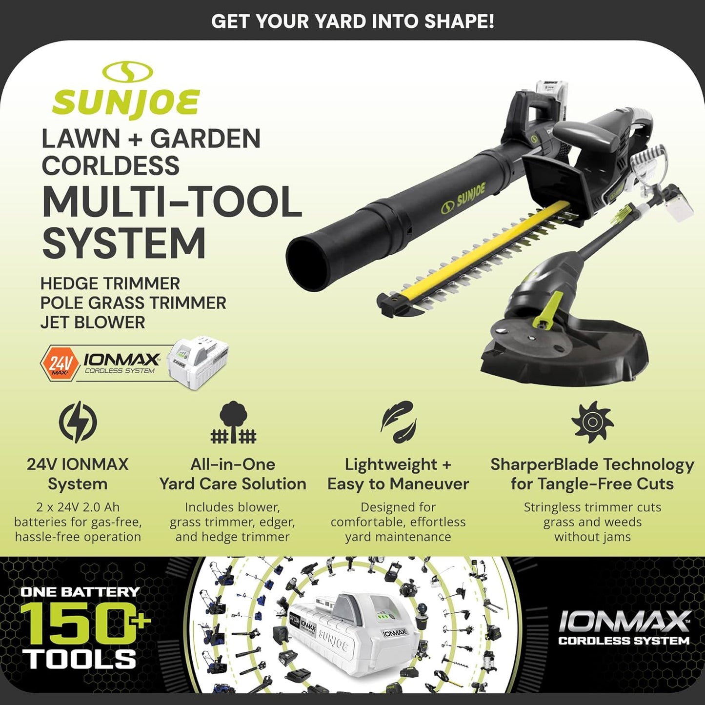 Sun Joe 24V IONMAX Cordless Leaf Blower, Grass and Hedge Trimmer Outdoor Garden Combo Power Tool Kit with Batteries and Charger, 24V-GT4MAX-LTE