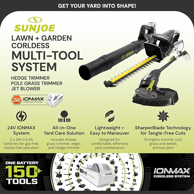 Sun Joe 24V IONMAX Cordless Leaf Blower, Grass and Hedge Trimmer Outdoor Garden Combo Power Tool Kit with Batteries and Charger, 24V-GT4MAX-LTE