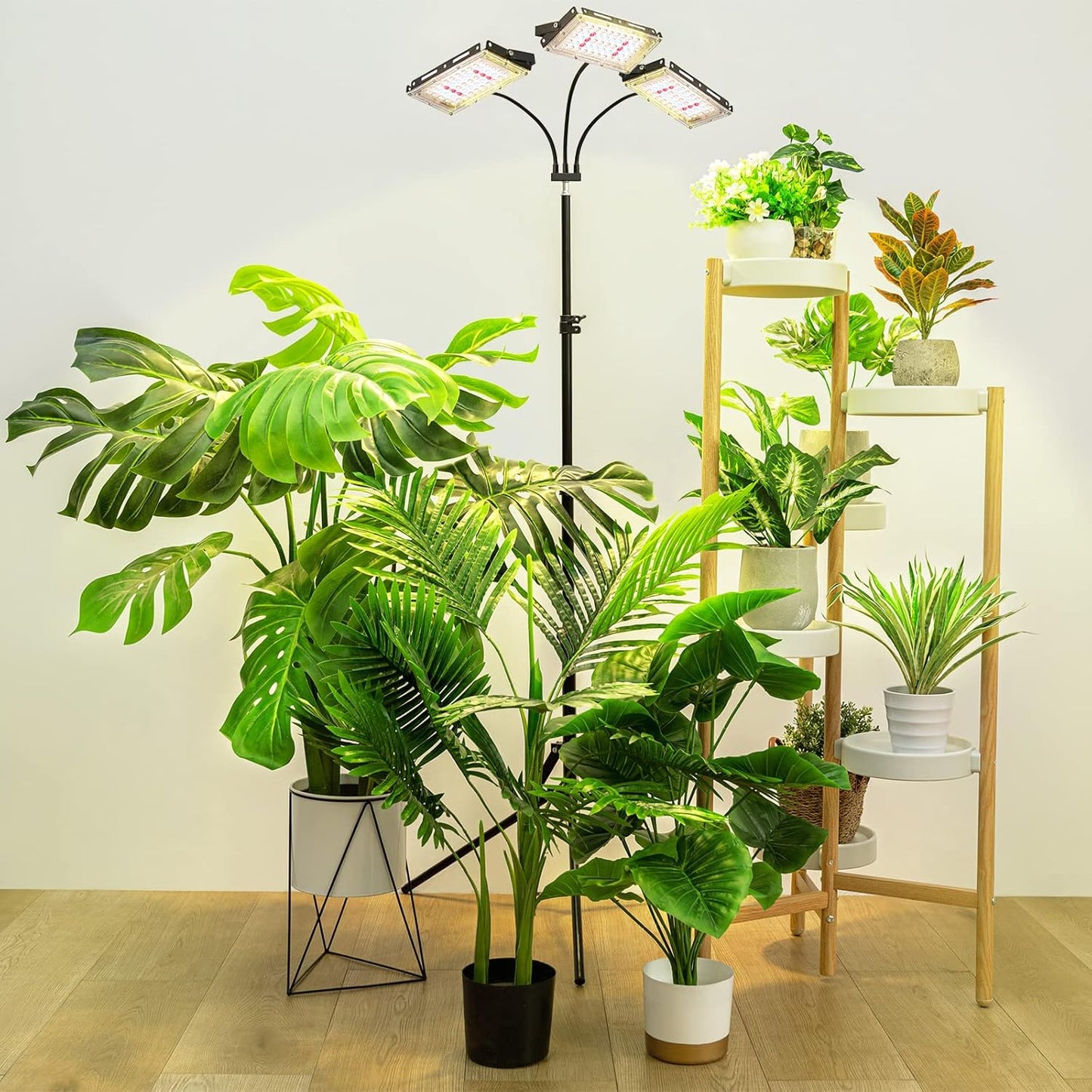 LORDEM Plant Grow Light with Stand, Full Spectrum LED Growing Lamp, Tri-Head with 3H/6H/12H Timer, 6 Dimmable Levels, 3 Lighting Modes, 15"-63" Adjustable Tripod