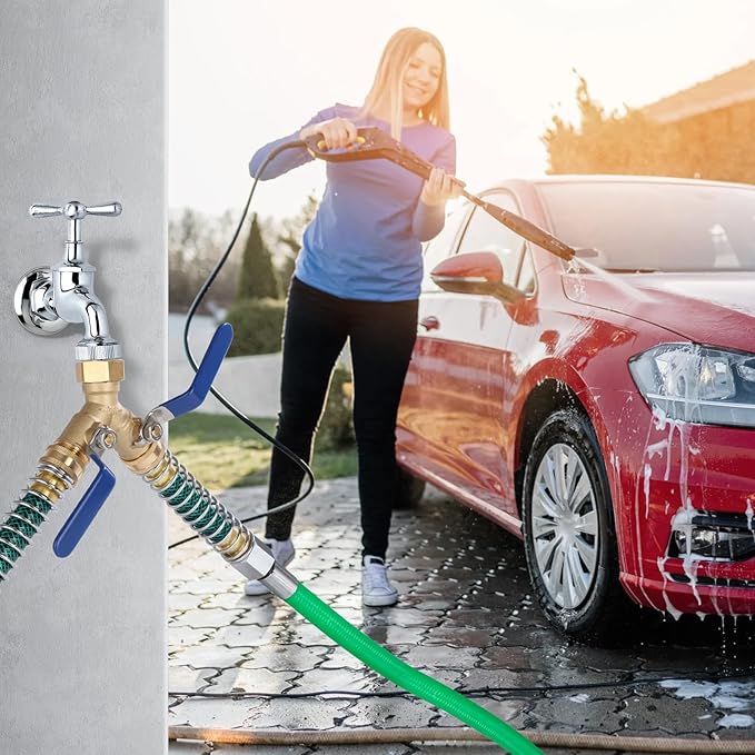 Dalmbox Garden Hose Splitter 2 Way With Long Handle, Garden Hose Adapter with 2 Pcs Garden Hose Coiled Spring Protectors and 6 Rubber Washers