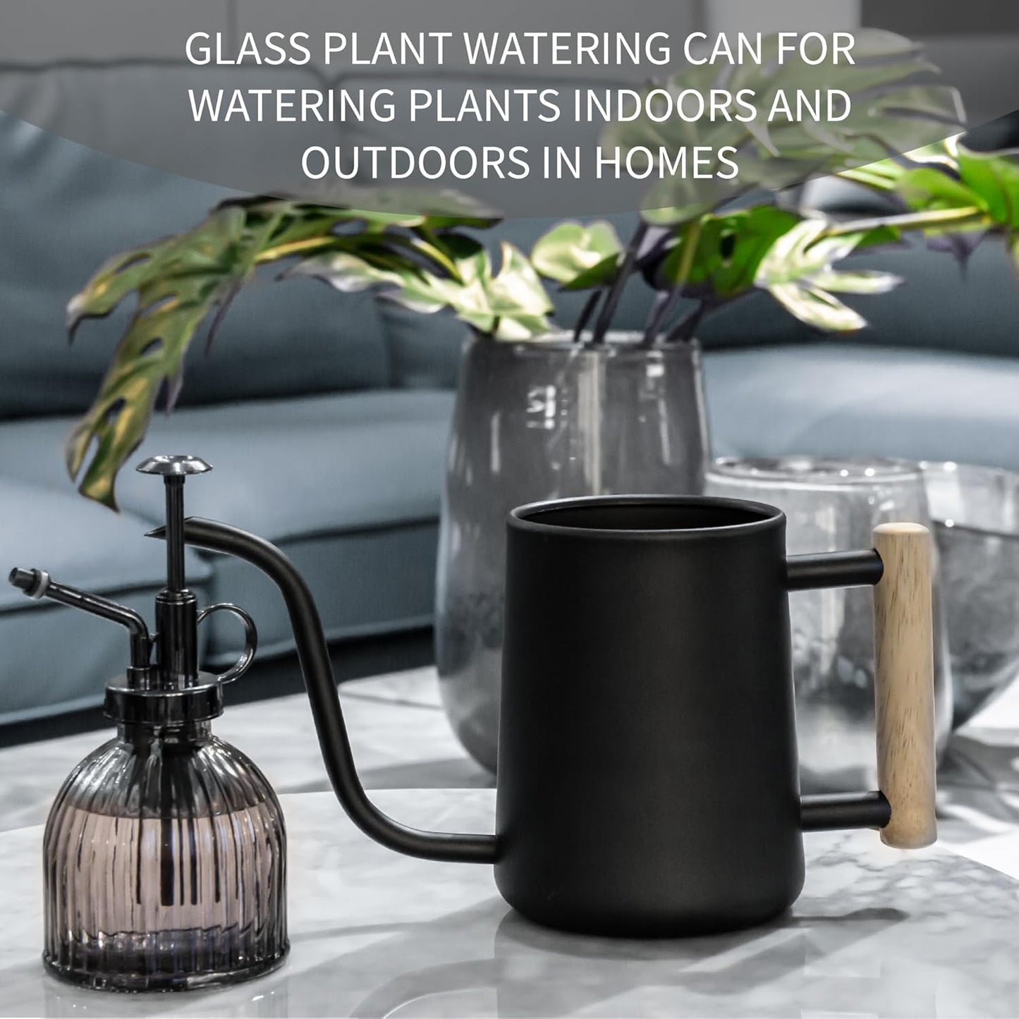 Watering can Indoor Plants,Indoor Watering Can for Plant,35 oz/1000 ml Stainless Steel Watering can Long Spout with Small Vintage Glass Plant Spray Bottle(Black)