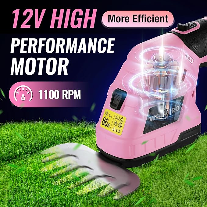 WORKPRO 12V Cordless Grass Shear & Shrubbery Trimmer - 2 in 1 Handheld Hedge Trimmer, Electric Bush Trimmer/Grass Cutter with 2.0Ah Rechargeable Lithium-Ion Battery &1 Hour Fast Charger, Pink Ribbon
