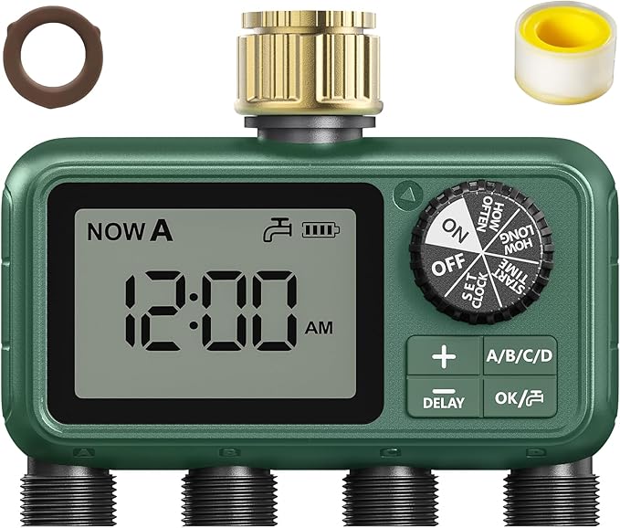 4 Zone Sprinkler Timer with Brass Inlet,Programmable Water Timer for Garden Hose with Rain Delay, Manual& Automatic Watering System,Programmable Digital for Lawn Yard,4 Zone