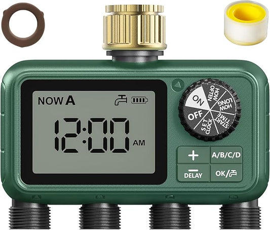 4 Zone Sprinkler Timer with Brass Inlet,Programmable Water Timer for Garden Hose with Rain Delay, Manual& Automatic Watering System,Programmable Digital for Lawn Yard,4 Zone