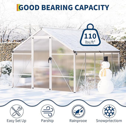 8x10 FT Polycarbonate Greenhouse with Roof Vent - Large Aluminum Walk-in Greenhouse Kit for Gardening, Backyard, Patio, Lawn - Easy Assembly