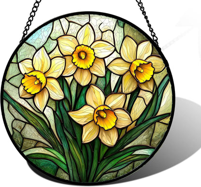 Stained Glass Window Hanging, Daffodil Plant Flowers Sun Catchers Diamond Glass Panel Hangings Suncatcher Decor for Birthday for Women, Men, Wife, Aunt, and Mom 11.8x11.8 in
