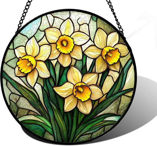 Stained Glass Window Hanging, Daffodil Plant Flowers Sun Catchers Diamond Glass Panel Hangings Suncatcher Decor for Birthday for Women, Men, Wife, Aunt, and Mom 9.8 in